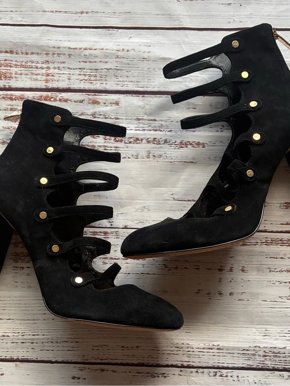 Vince Camuto Women’s Black Strappy Suede Block Heel Pumps